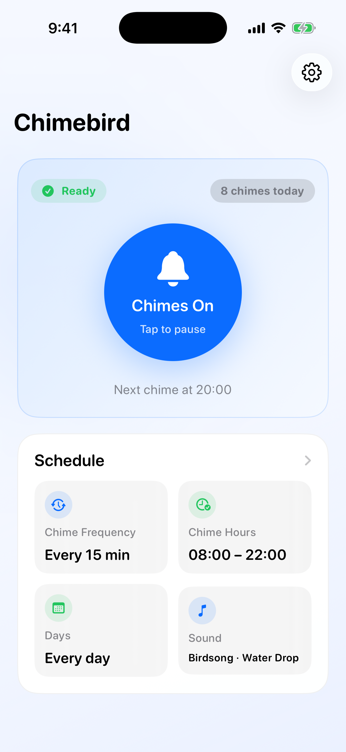 Chimebird app - main screen showing hourly chime controls