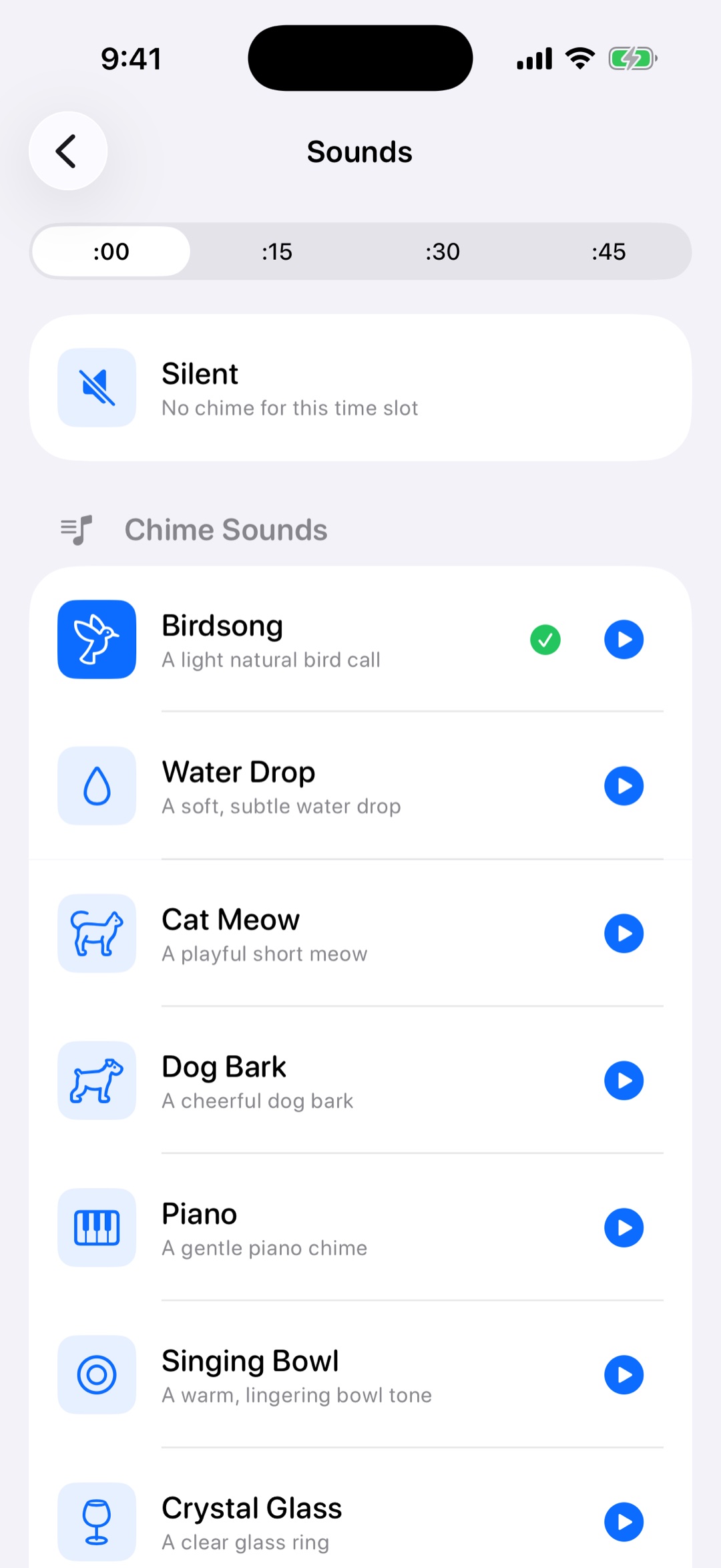 Chimebird interval picker showing 30-minute chime options