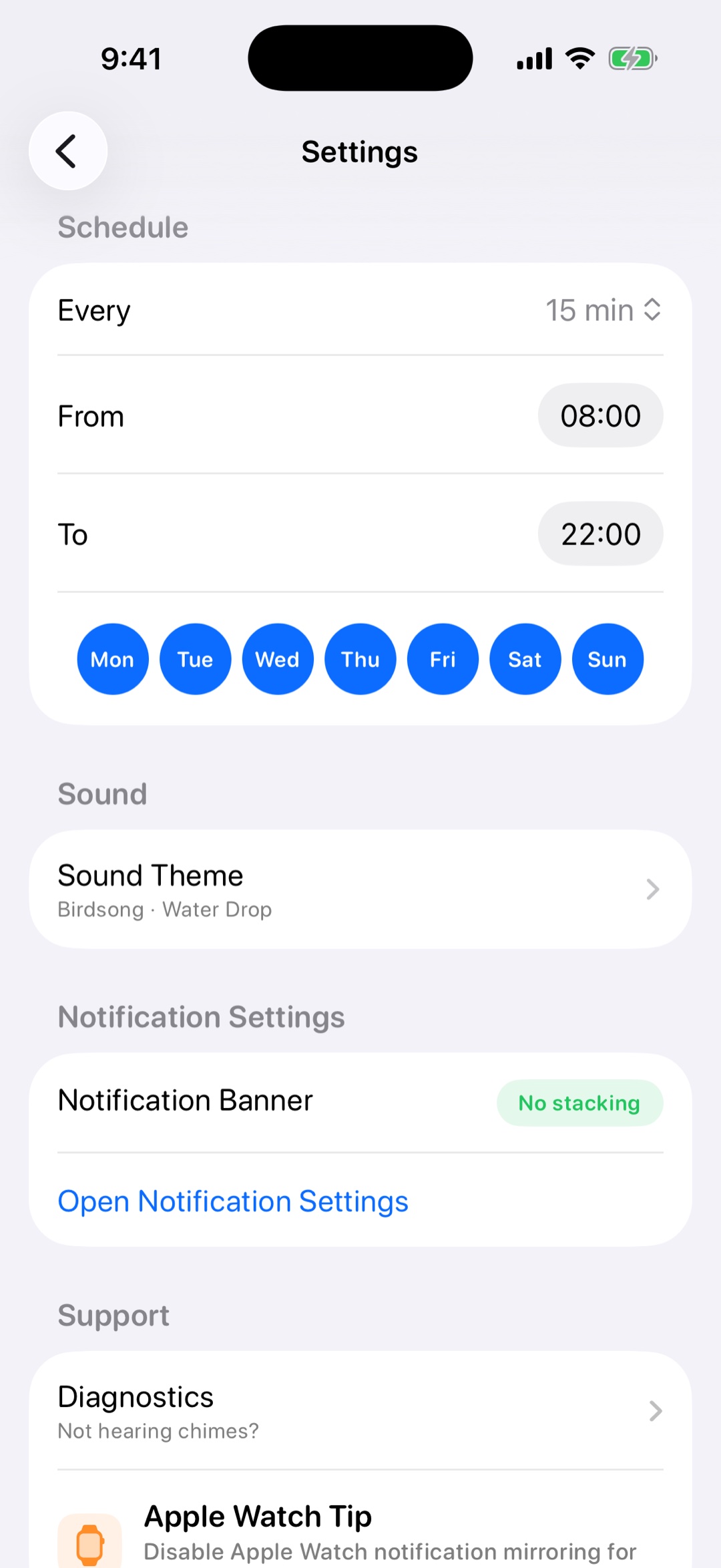 Chimebird settings