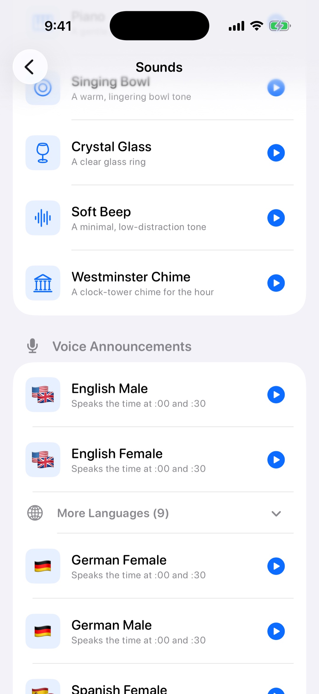 Chimebird sound theme selection for mindfulness bell timer use