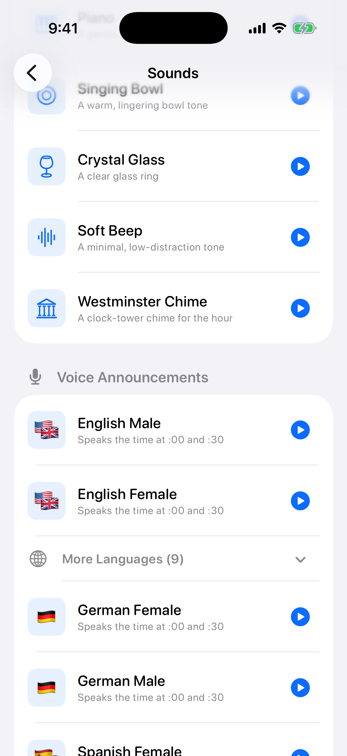 Chimebird sound library - 6 premium sound themes including Westminster bells