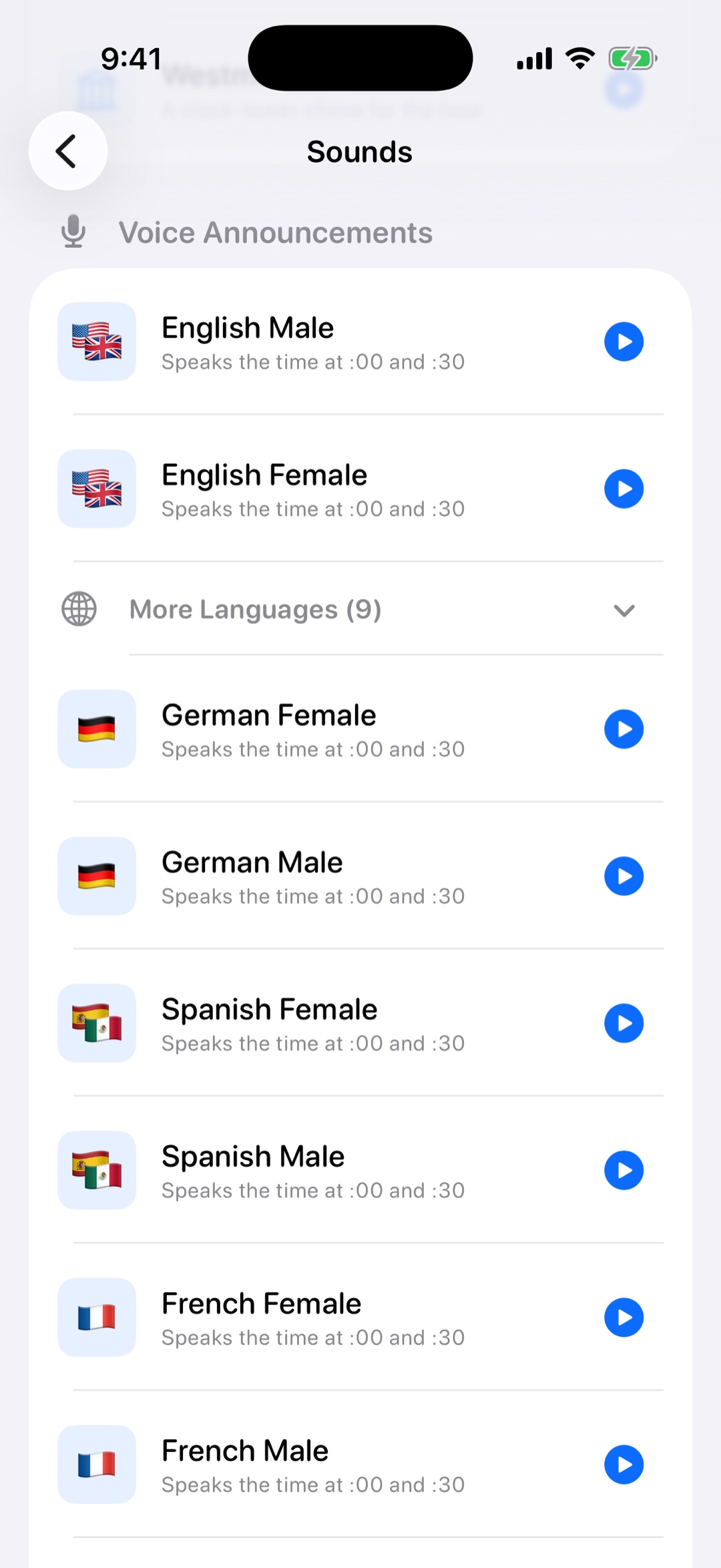 AI voice picker — 10 languages, male and female voices